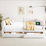 KALALLA Upholstered Queen Size Daybed Frame with Drawers and USB Port, Day Bed with Underneath Storage, Wooden Slats Support, No Box Spring Required, Adults Kids, White KALALLA