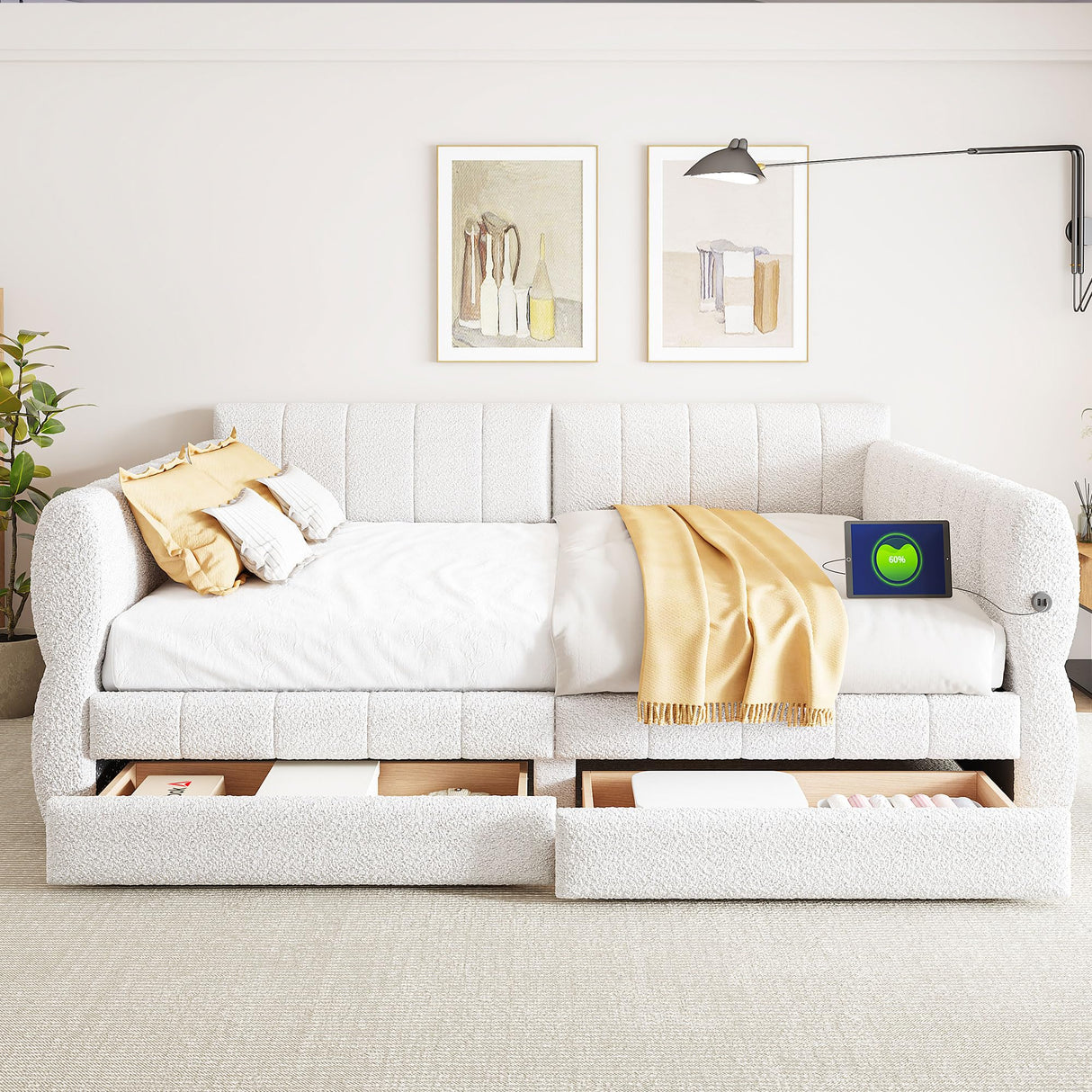 Bellemave Queen daybed with USB, Queen Corner Bed, Upholstered Bed Frame with 2 Drawers for Kids,Teens,Adults, Lambswool, White Bellemave