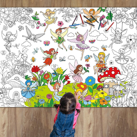 Fairy Garden Coloring Poster for Kids Giant Coloring Poster Large Fairy Party Flower Coloring Tablecloth Jumbo Spring Coloring Books for Kids Classroom Home Birthday Party Supplies Favor Naozinebi