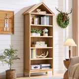 75.9" Tall Farmhouse Bookcase, Angle Arched 5 Tiers Large Bookshelf with Adjustable Shelves, Modern Wooden Geometric Book Shelf w/Storage and Open Display Shelves for Living Room, Office-Natural IFGET