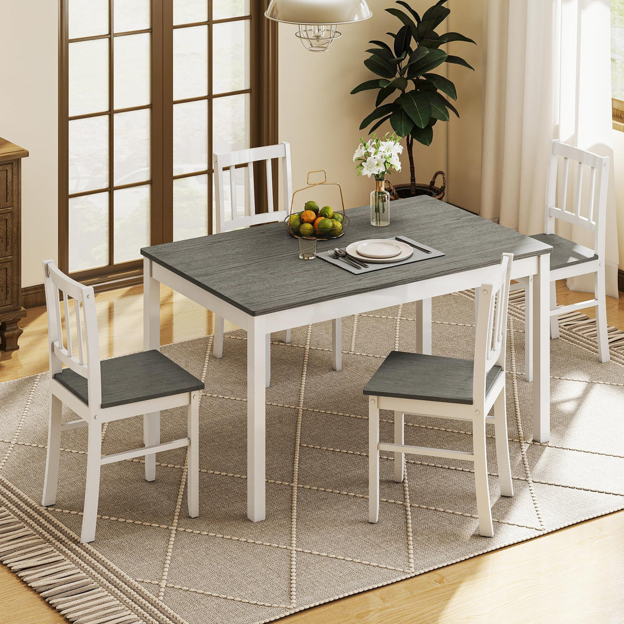 Buytime 5-Piece Dining Table Set for 4, Solid Wood Farmhouse Rectangular Kitchen Table Set with 4 Chairs, Space-Saving Wooden Dinette Set for Small Space, Dining Room, Breakfast Nook, Grey & White Buytime