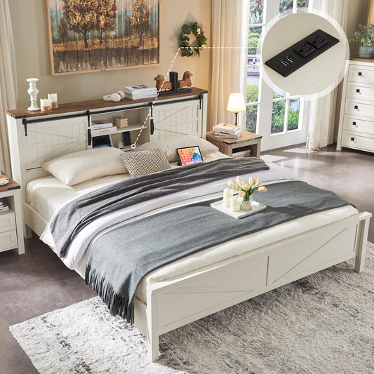 Farmhouse King Size Bed Frame with Stylish Storage Headboard and Charging Station in Antique White - WoodArtSupply