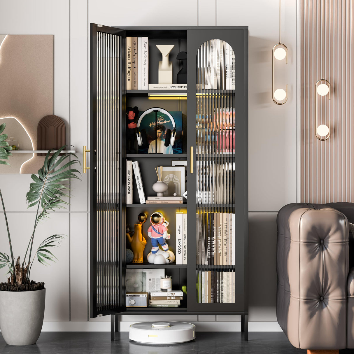 CBNTKI 71" Kitchen Pantry Cabinet,Tall Storage Cabinet with Glass Doors and LED Light,Glass Display Cabinet Black Cabinet for Dinning Room,Living Room,Kitchen,Entryway CBNTKI