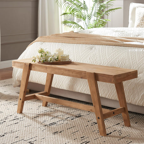 HOKYHOKY Farmhouse Solid Wood Entryway Bench – 43.4 Inches Rustic Long Bench, Dining Bench with Angled Legs, Hand-Finished Natural Grain, for Foyer, Hallway, Bedroom HOKYHOKY