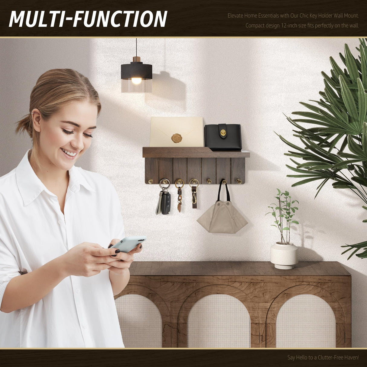 Rebee Vision Farmhouse Key Holder Wall Mount - Decorative Key and Mail Holder for Wall with 7 Hooks and Shelf Organizer - Ideal Apartment Essentials for Aesthetic Home Decor (Rustic Brown) Rebee Vision