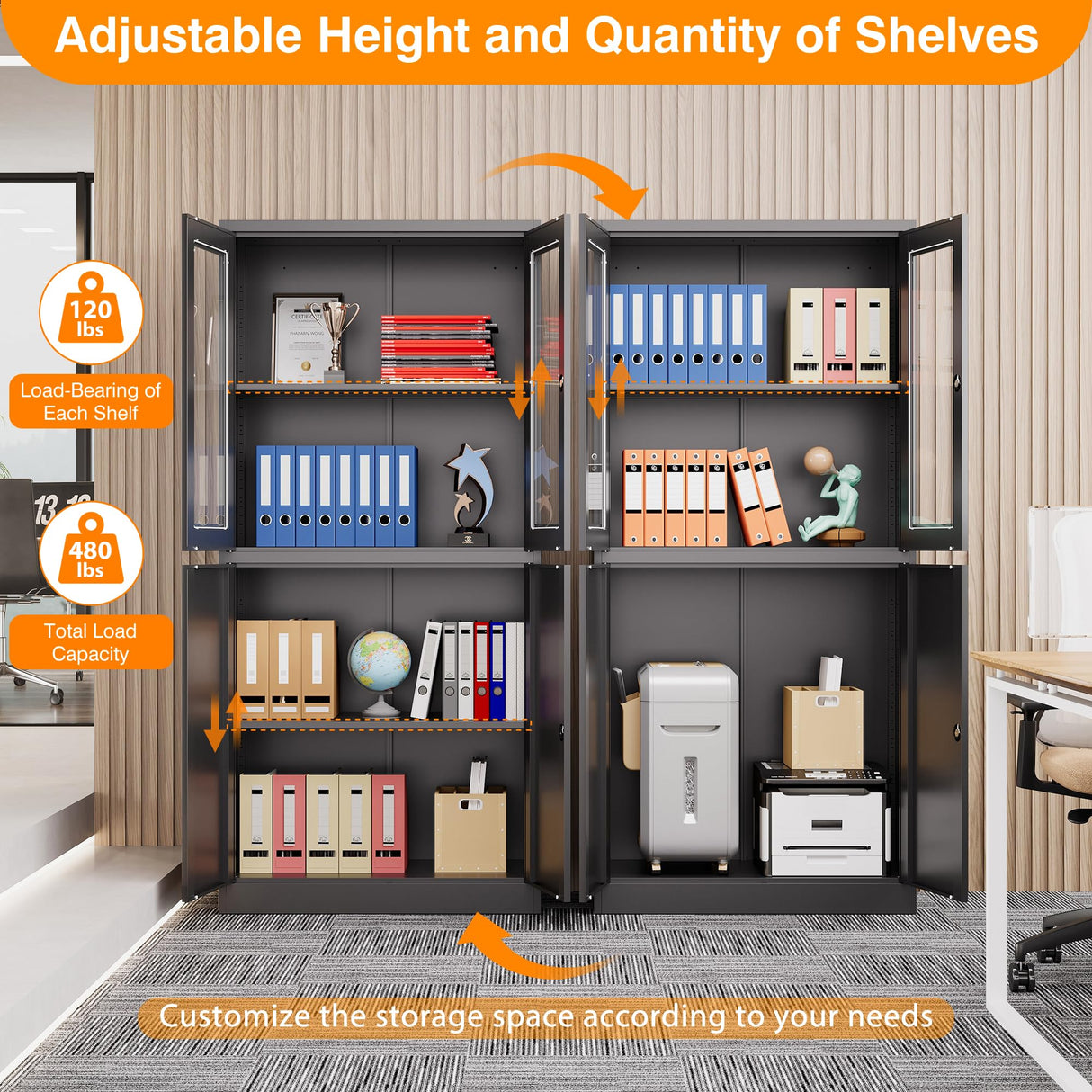 LISSIMO Metal Storage Cabinet with Glass Doors, Lockable Office Cabinet, 71" Tall Steel Cabinet with Adjustable Shelves for Home Office,School and Hospital (Black) LISSIMO