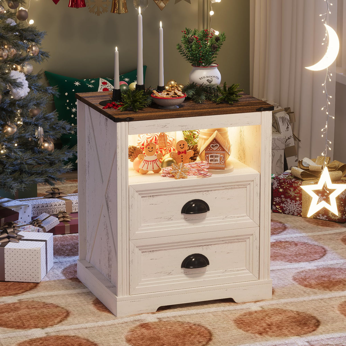 FONTOI Farmhouse Nightstand, End Table with Drawers, Nightstand with Charging Station, Bedside Table with 3 LED Lights Modes, Wood Nightstand with Smart Human Sensor for Bedroom, Brown & White FONTOI