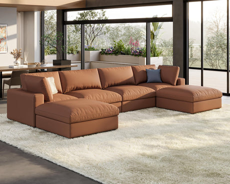 PaPaJet Modular Sectional Sofa, 152 Inches Down Filled Sectional Sofa, 6 Seats U Shaped Cloud Couch with Chaise, Ottoman, Oversized Couch for Living Room, Brown Anti-Scratch Leathaire Couch Set PaPaJet