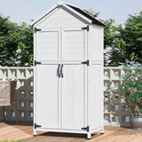GDFStudio 67" Fir Wood Storage Shed 2 Doors Design Outdoor Tool Storage House Cabinet with Sloped Roof & 4 Interior Compartments for Garden Patio Backyard, White GDFStudio
