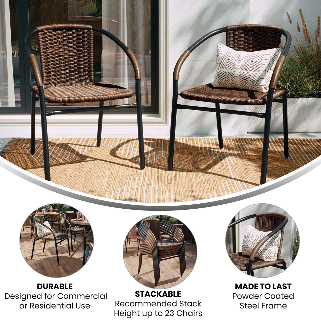 EMMA + OLIVER 2 Pack Medium Brown Rattan Indoor-Outdoor Restaurant Stack Chair EMMA + OLIVER