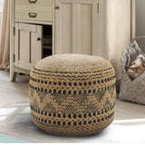 LR Home Tan/Black Round Ottoman Pouf for Home Decor | Striped Hand-Woven Jute Cotton Blend Round Pouf Ottoman Footrest for Bedroom & Living Room Decor | 18" X 18"W X 14"H L.R. Resources Inc