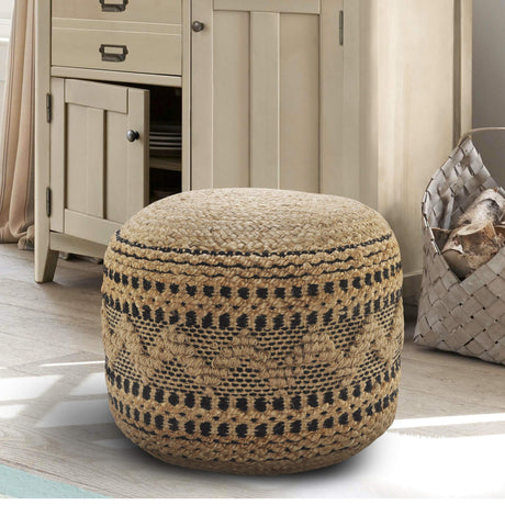 LR Home Tan/Black Round Ottoman Pouf for Home Decor | Striped Hand-Woven Jute Cotton Blend Round Pouf Ottoman Footrest for Bedroom & Living Room Decor | 18" X 18"W X 14"H L.R. Resources Inc