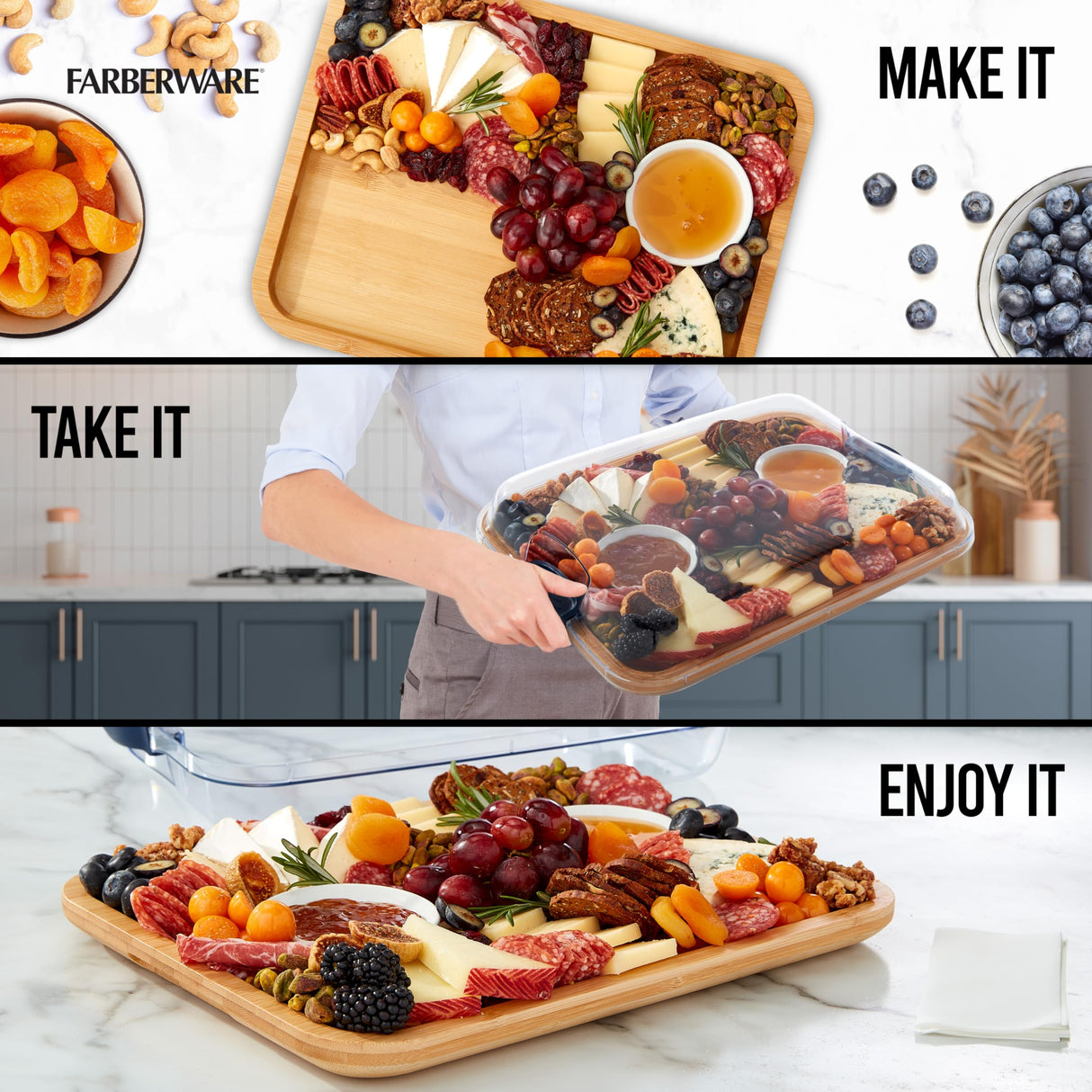 Farberware Build-A-Board Bamboo Cutting Board with Built-in Compartments and Clear Locking Lid with Navy Handles, Perfect for Charcuterie, Snacks, and More - Make it. Take it. Enjoy it, 11x14 Inches Farberware