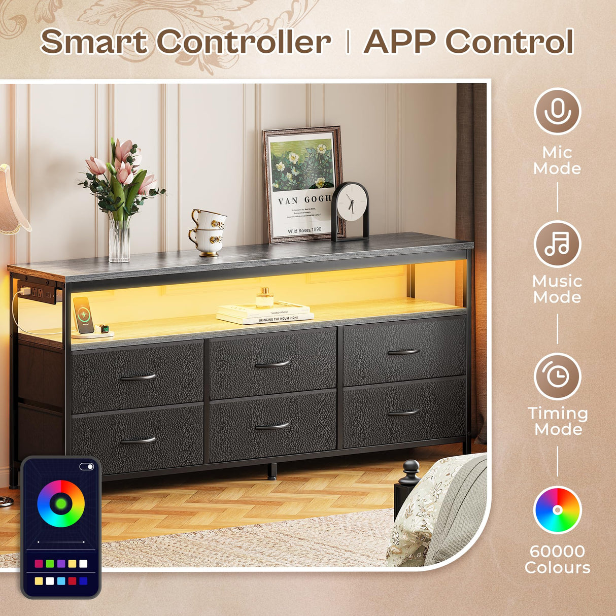 Huuger LED TV Stand for Bedroom, 55 Inch Fabric Dresser with Power Outlets, Entertainment Center for 60, 55, 50 Inch TV, 6 Drawer Dresser for Bedroom, Chest of Drawers with Shlef, PU Leather, Grey Huuger