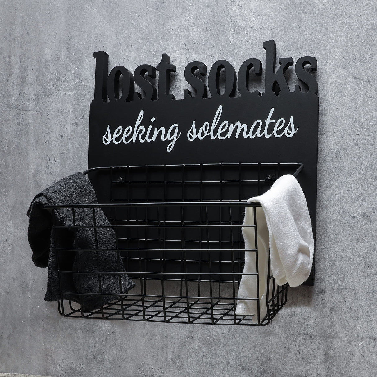 EVA murmure Cutout Letters Lost Socks - Laundry Room Organization, Farmhouse Laundry Room Decor and Accessories - House Decor Rustic Wooden Laundry Sign Wall Decor with Attached Basket - Black EVA murmure