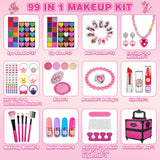 99 Pcs Kids Makeup Kit for Girls, Princess Toys Real Washable Cosmetics Set with Mirror, Hair Ties, Nails, Rings, Earrings, Necklace, Perfect for 3 4 5 6 7 8 Year Old Girls Birthday Kuovei
