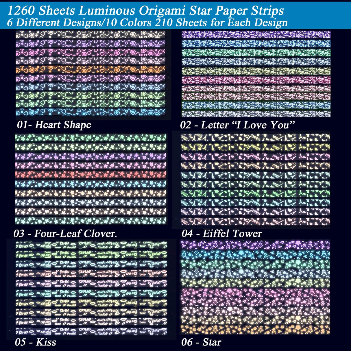 1260 Sheets Luminous Origami Star Paper Strip with 6 Patterns Glow in Dark Folding Stars Paper Lucky Stars Paper for DIY Handmade Crafts Paper Stars Unixing