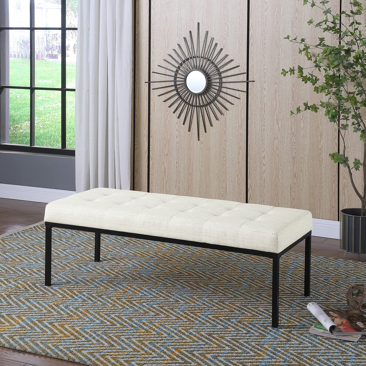 HomePop Tufted Metal Bench - Stain-Resistant Cream Woven HomePop