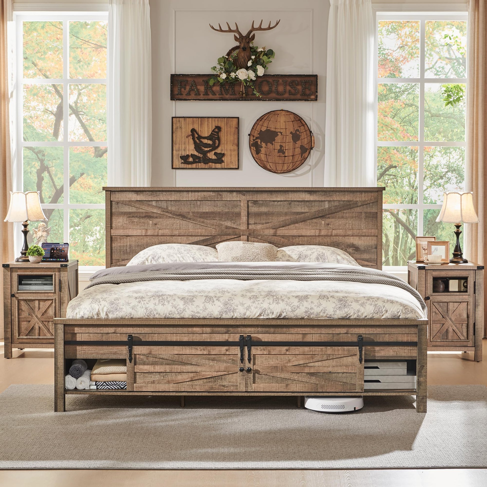 King Farmhouse Wood Bed Frame with Sliding Barn Door Storage - JXQTLINGMU - WoodArtSupply