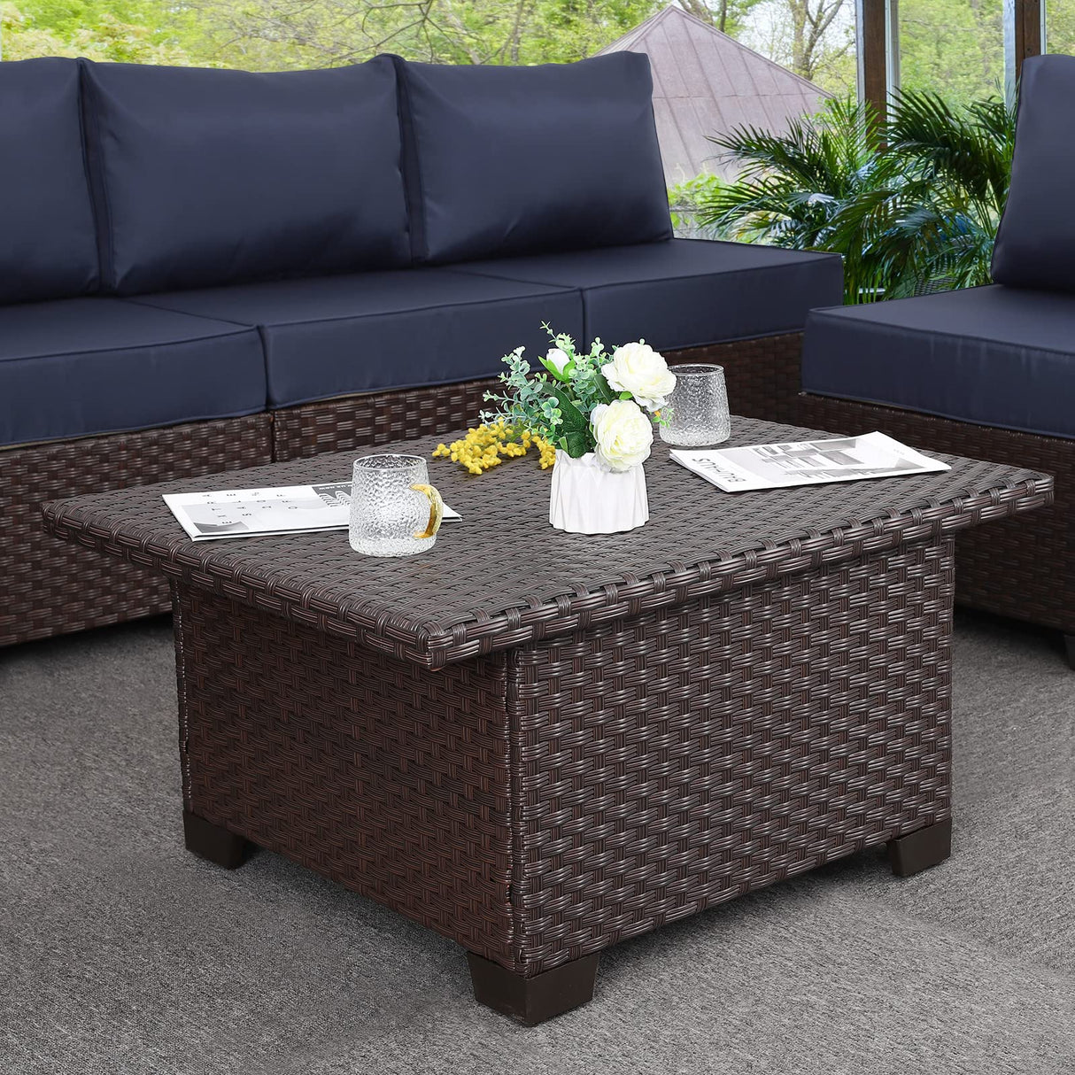 Patio Rattan Coffee Table with Hidden Storage, Wicker Liftable Dinning Table, Versatile Piece of Outdoor Furniture, Brown Lviden