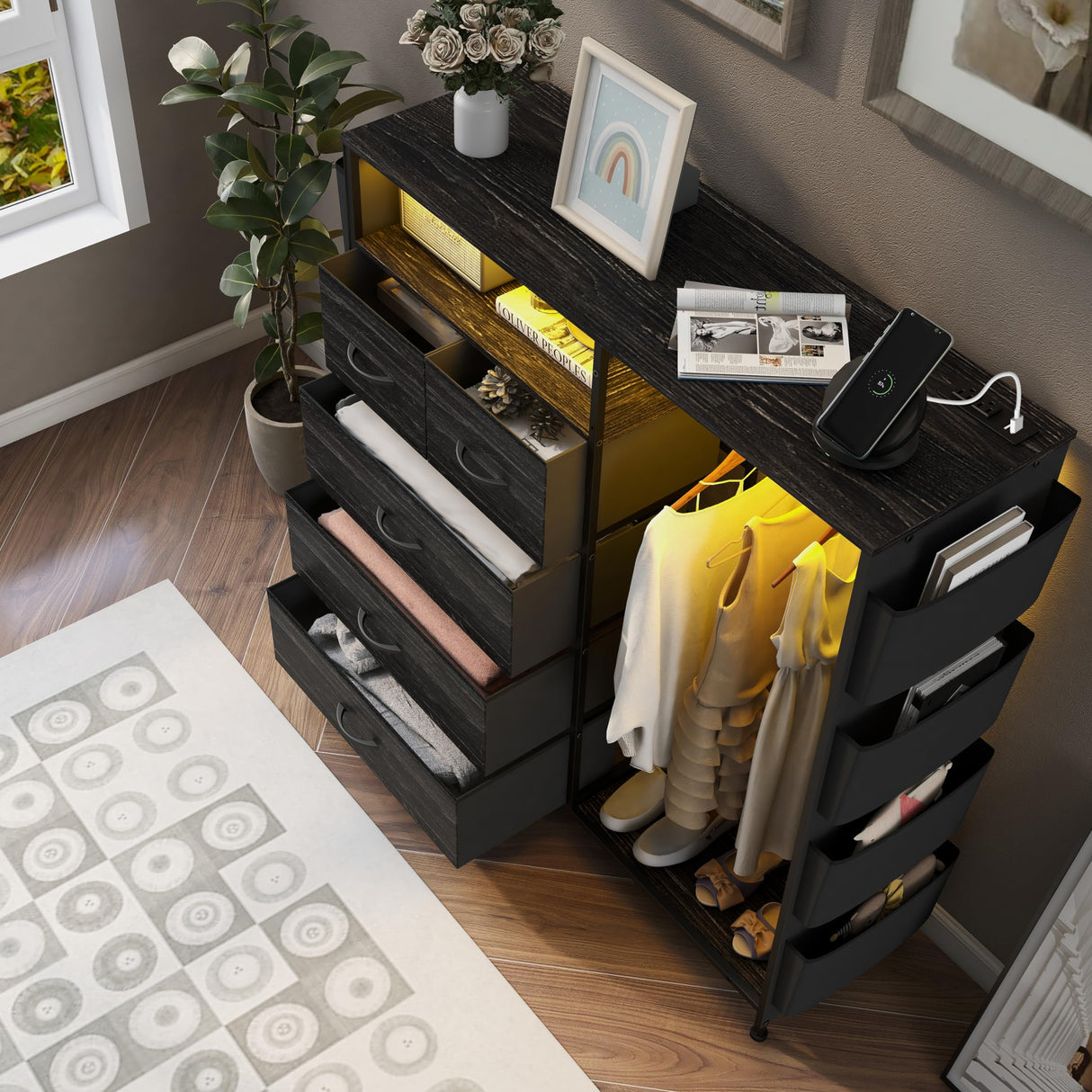 Espelism Dresser for Bedroom with Clothes Rack & Side Pockets 5 Drawer Dresser with Charging Station & LED Lights Black Storage Chest of Drawers for Nursery Hallway Closet Sturdy Steel Frame Wood Top Espelism