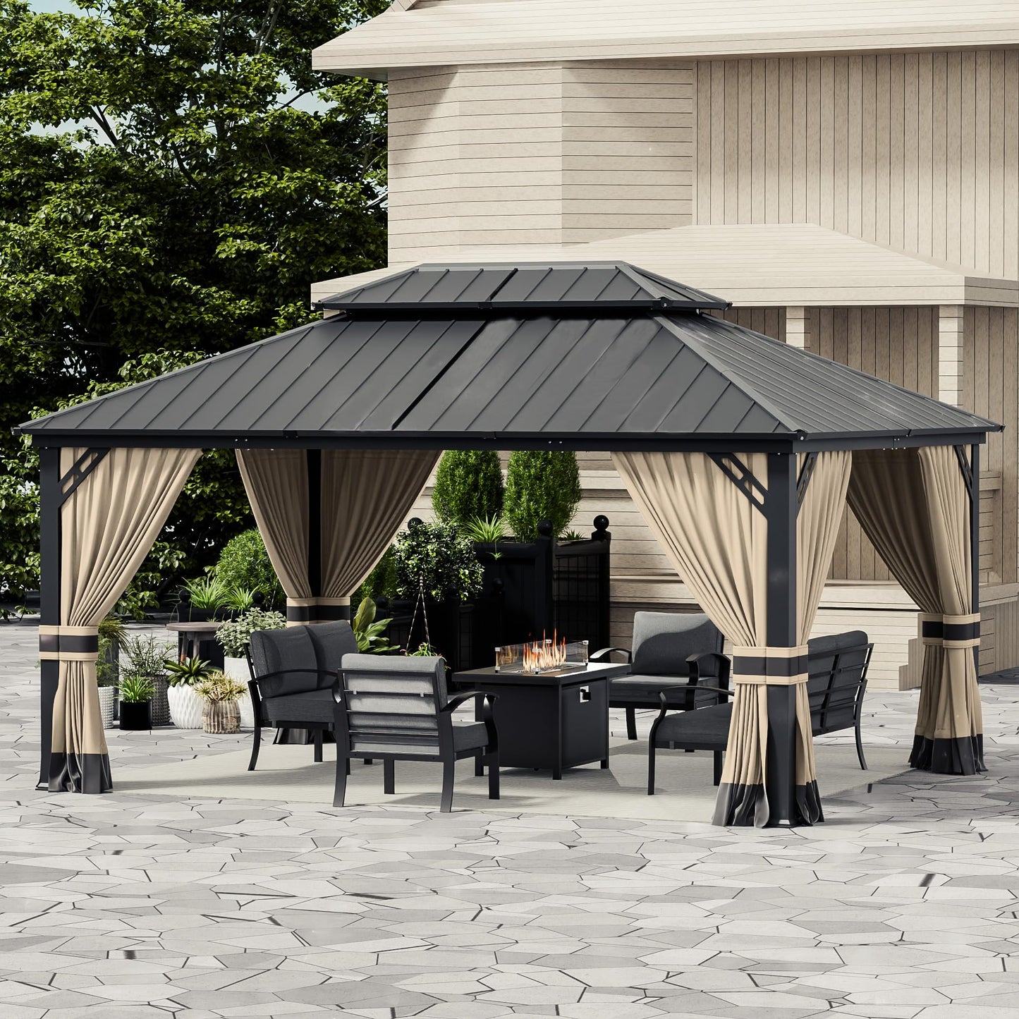 ASJMR 12x16ft Hardtop Gazebo Double Roof, Outdoor Pavilion with 2-Layer Hard top Galvanized Iron Frame Garden Tent, Suitable for courtyards, backyards, Decks, and Grass