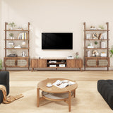 72" Tall Industrial Bookshelf Ladder with 1" Thick Wood - Faux Wood Grain Finish, 5-Tier Open Wall Mount Storage Cabinet with Rattan Doors, Rustic Brown iabifo