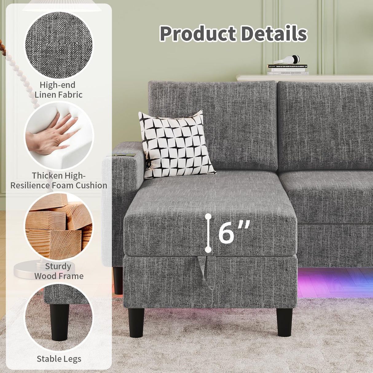 Sectional Couches for Living Room, 6-Seats Soft Linen Fabric Sectional Sofa with Storage Ottoman, Modern Convertible U/L Shaped Couch with Smart Charging Module/LED Light/Music Sync (Light Grey) BULAIMEIKEEY