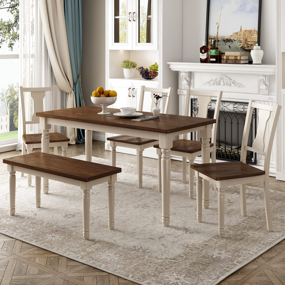 Merax 6 Pieces Dining Table Set with Bench, Kitchen Table Chairs Set, Wooden Rectangular Dining Table with 4 Chairs and Bench for Kitchen Room Dining Room (Brown+Cottage White) Merax