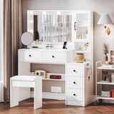 UGTOO White Vanity Table with Drawer Dresser, Farmhouse Vanity Makeup Desk with Charging Station, Vanity Desk with Lights Mirror & Drawers for Makeup, Vanity Desk with Storage Shelf & 5 Drawers UGTOO