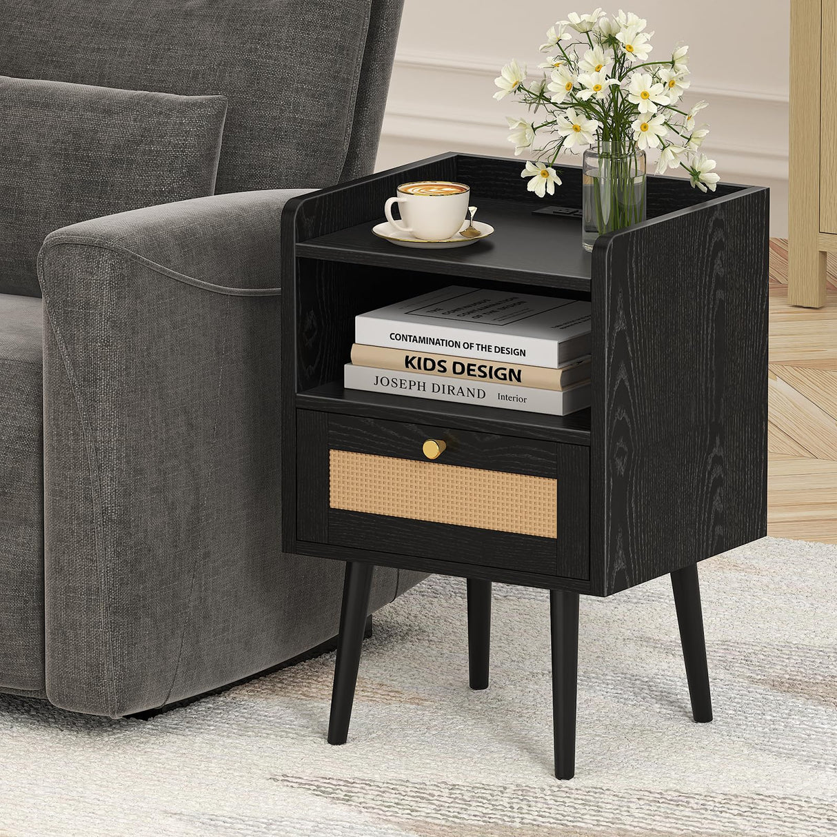 Night stand Set of 2, Bedside Tables with Charging Station, Rattan End Tables, Boho Bed Side Tables, Wood Nightstands set of 2 for Farmhouse Bedroom Living Room Dorm Sofa Couch Office Corner (Black) MECHYIN