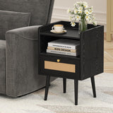 Night stand Set of 2, Bedside Tables with Charging Station, Rattan End Tables, Boho Bed Side Tables, Wood Nightstands set of 2 for Farmhouse Bedroom Living Room Dorm Sofa Couch Office Corner (Black) MECHYIN