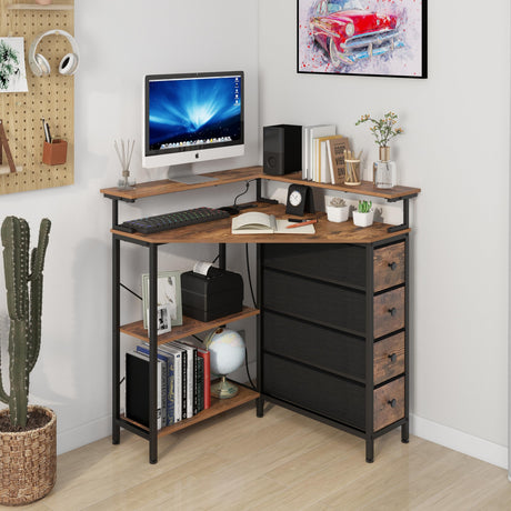 VENNQD Corner Desk with Drawers Shelves for Small Space 90 Degrees Triangle Computer Desk with Power Outlets,Gaming Desk with LED Lights Monitor Stand for Home Office Workstation Writing Table (Brown) VENNQD