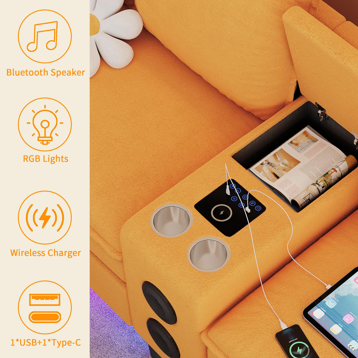 HYZQ Sectional Couches for Living Room, 4 Seat Sectional Sofa with Smart Module-Bluetooth Speaker/RGB Light/Charging Station, Teddy Fleece U Shaped Cloud Couch with Storage Ottoman (Yellow) HYZQ