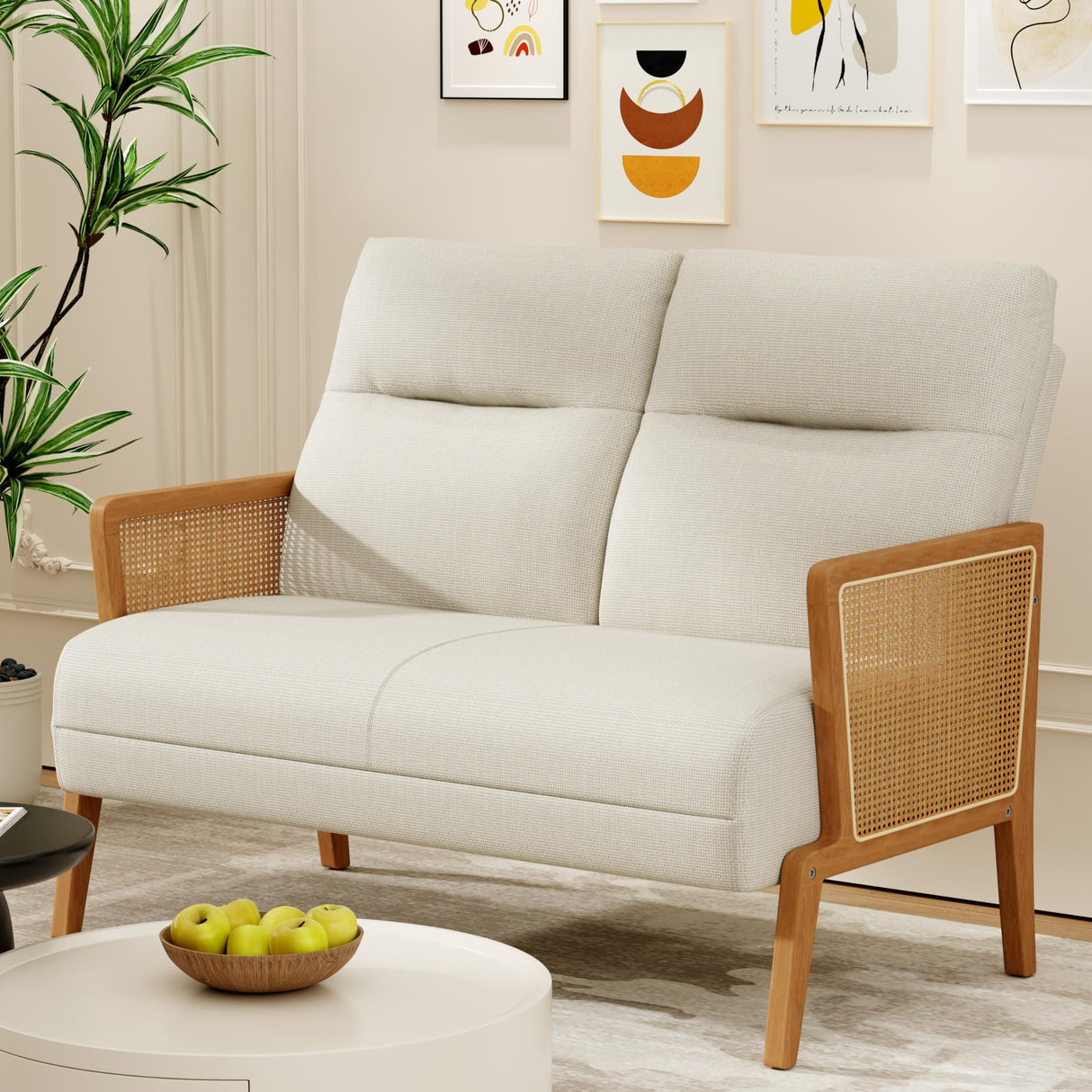 POINTANT Love Seat Settee Mini Couch Upholstered Sofa with Natural Rattan Armrest Backrest Couch Bench Loveseat for Living Room Bedroom Beige POINTANT
