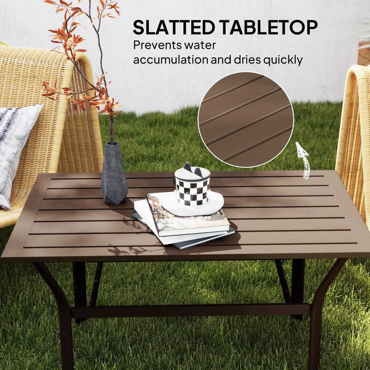 Outsunny Outdoor Coffee Table, All-Weather Rectangle Metal Patio Coffee Table with Slatted Tabletop for Outside, Patio, Garden, Balcony, Backyard, Brown Outsunny