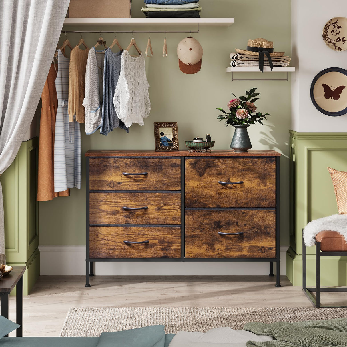 WLIVE Dresser for Bedroom with 5 Drawers, Wide Bedroom Dresser with Drawer Organizers, Chest of Drawers, Fabric Dresser for Living Room, Closet, Hallway, Rustic Brown Wood Grain Print WLIVE