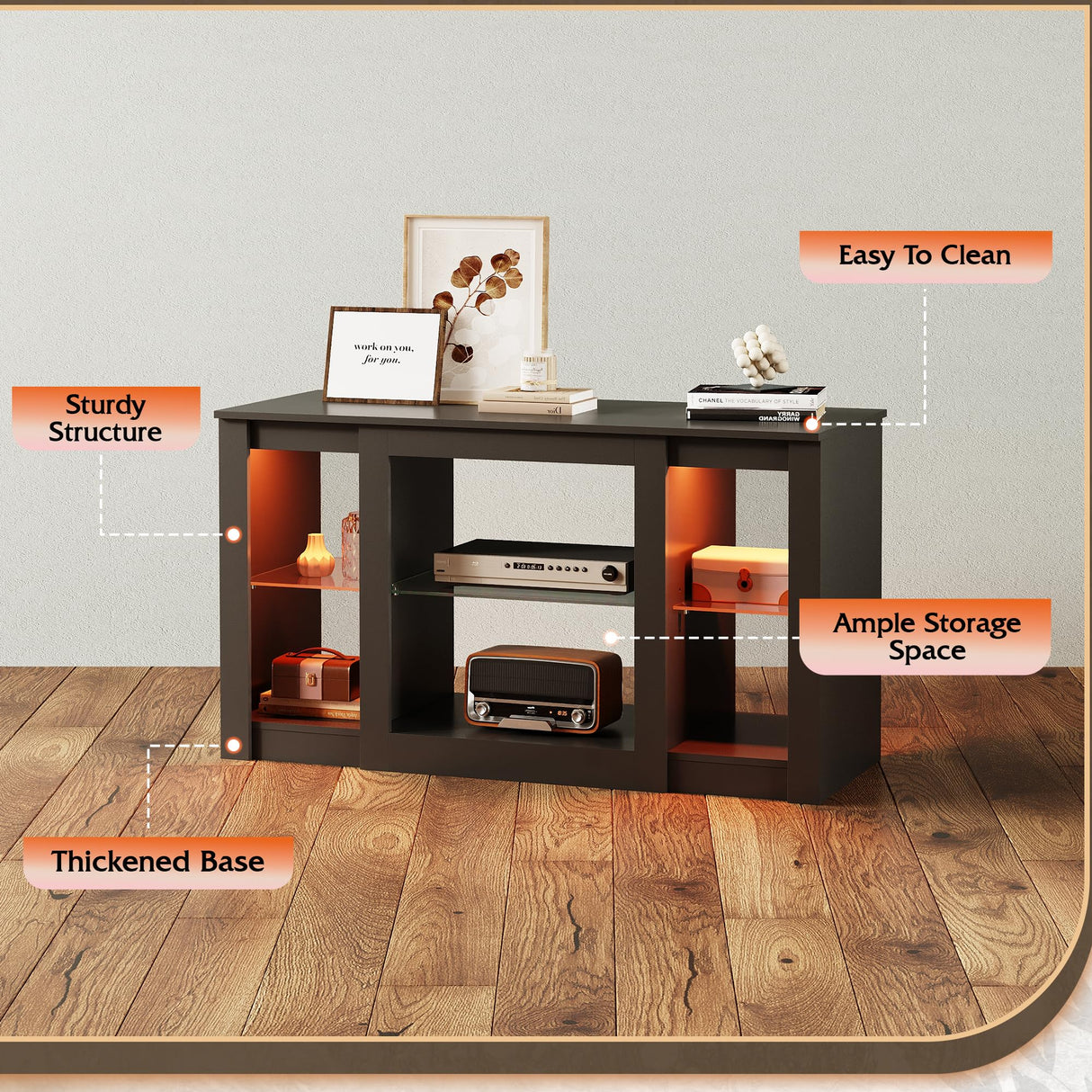 WLIVE TV Stand for 43 Inch TV, Modern Entertainment Center with LED Lights & Adjustable Glass Shelves, Sturdy Media Console for Living Room, Bedroom,Gaming (Black) WLIVE