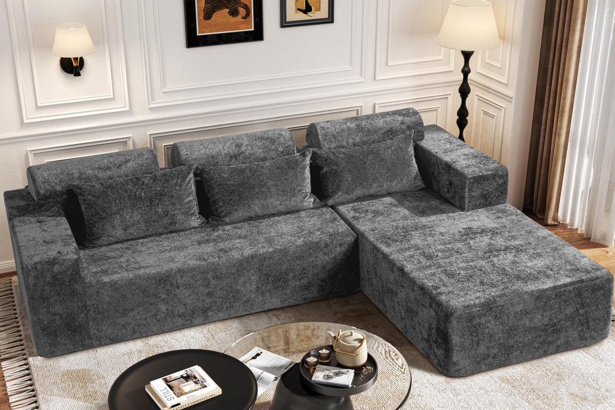 Homguava Modular Sectional Couches for Living Room,105" Cloud Couch with L-Shape Chaise,Comfy Sofa Living Room Couch with Deep Seat,No Assembly L Couch,Luxury Distressed Velvet(Grey,R) Homguava