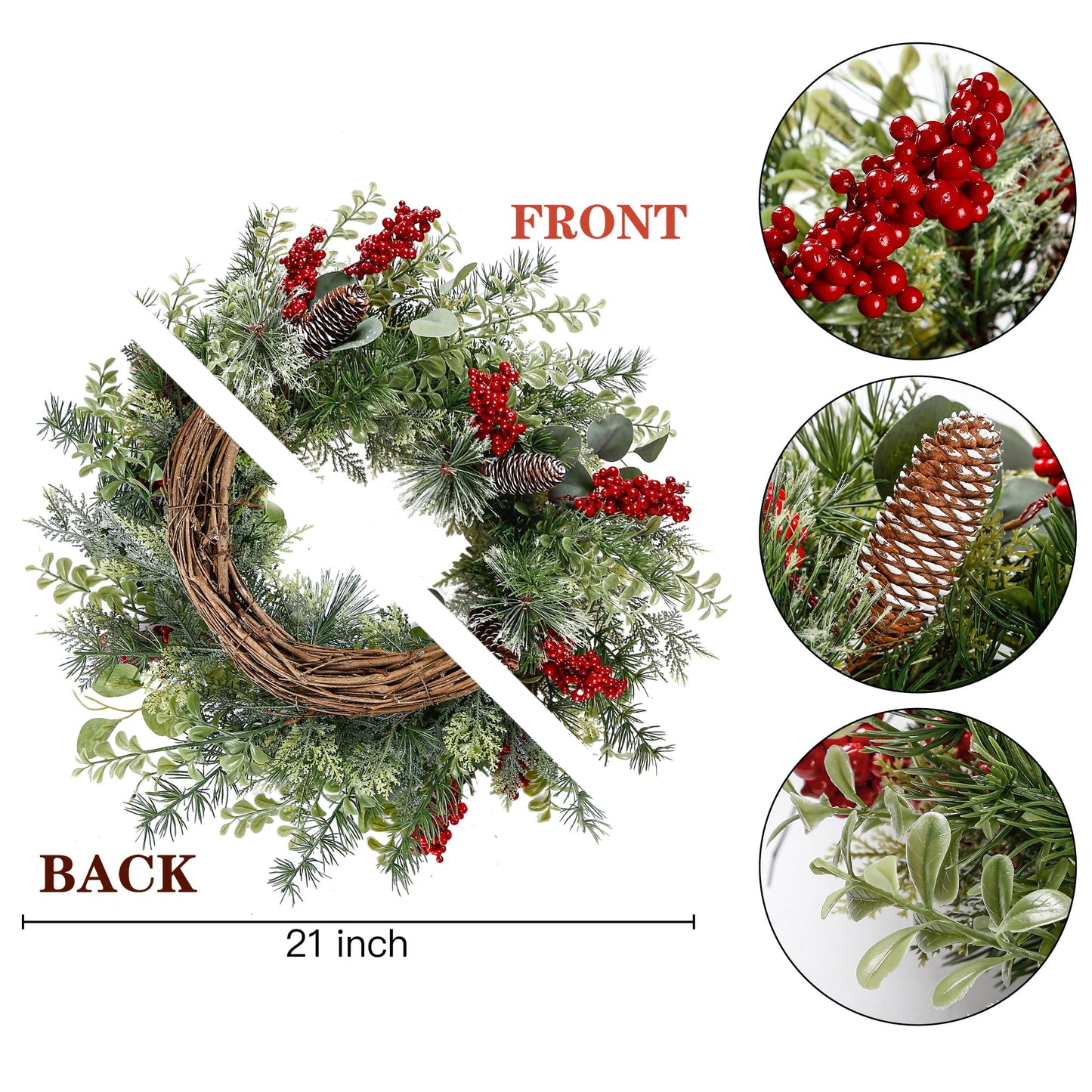 Sggvecsy 21 Inch Artificial Christmas Wreath for Front Door Xmas Red Berry Wreath with Pine Needles Pine Cones Eucalyptus Leaves Christmas Hanging Decorations for Wall Outdoor Home Window Decor