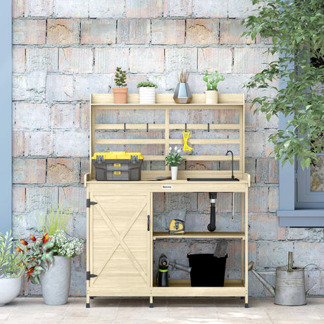Outsunny Outdoor Wooden Potting Bench Table with Sink and Water Tap, Garden Workstation with Storage Cabinet, Storage Shelves for Backyard, Patio, Balcony, Natural Outsunny