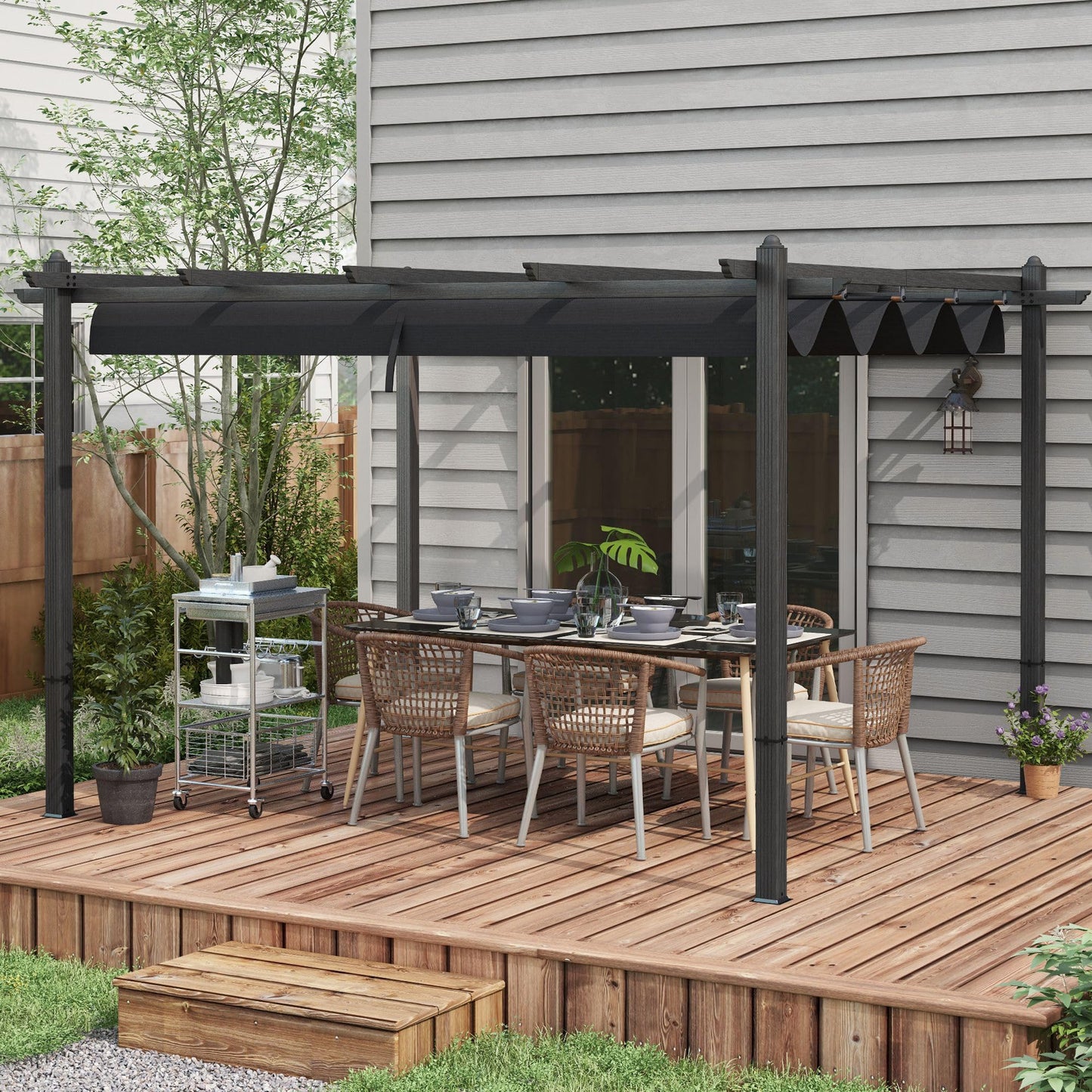 Outsunny 10' x 13' Retractable Pergola Canopy, Wood Grain Aluminum Pergola, Outdoor Sun Shade Shelter for Grill, Garden, Patio, Backyard, Deck, Gray - WoodArtSupply