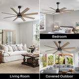 WINGBO 72" Large DC Ceiling Fans without Lights, 3 Downrods, 8 Plywood Blades, 6-Speeds Reversible DC Motor, Indoor Ceiling Fan No Lights for Bedroom Living Room Patio, Black and Gray WINGBO