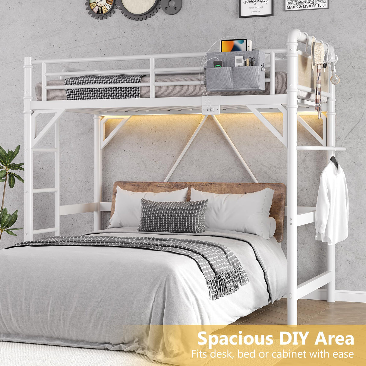 Twin Size Loft Bed with LED Lights and Charging Station, Industrial Heavy Duty Metal Loft Bed Frame with Ladder and Guardrail for Kids Adults, Small Space Saving Design for Bedroom Dorm, White Jocoevol