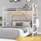 Twin Size Loft Bed with LED Lights and Charging Station, Industrial Heavy Duty Metal Loft Bed Frame with Ladder and Guardrail for Kids Adults, Small Space Saving Design for Bedroom Dorm, White Jocoevol