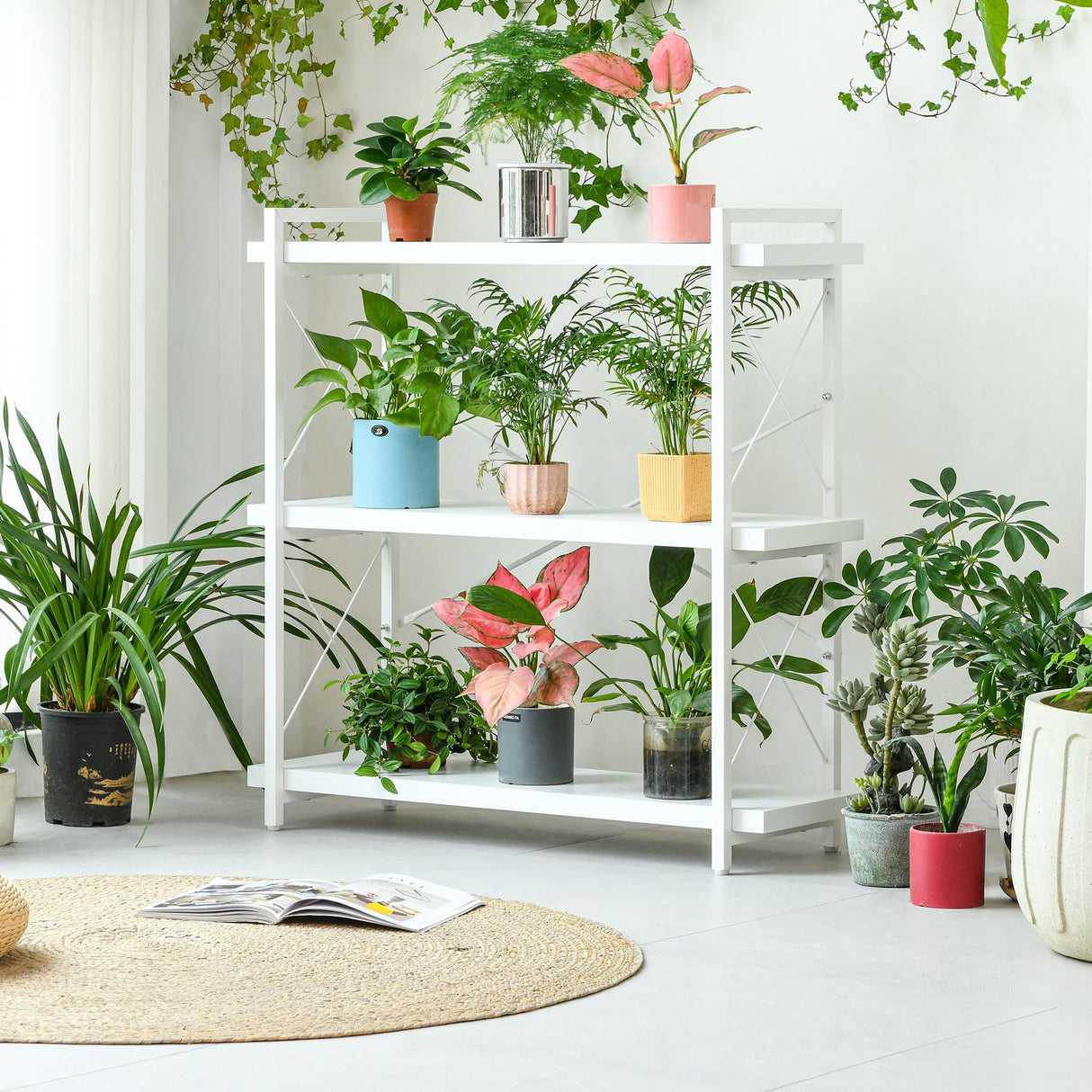 HCHQHS Bookshelf, 3-Tier Industrial Bookcase, White Open Book Shelf, Freestanding Horizontal Bookshelves with Metal Frame HCHQHS