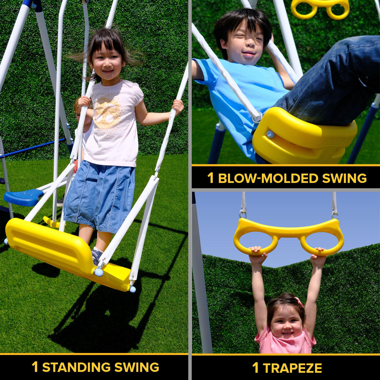 Sportspower Super 9 Metal Swing Set: Teeter Totter, 2 Kid Glide Ride Swing/Roman Glider Swing, Standing Swing + Trapeze Bar, Blow Molded Swing + 5' Wavy Slide Bonus 4pc Anchor Kit*, Blue/Yellow Sportspower