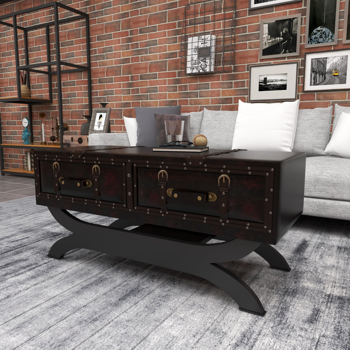 Deco 79 Faux Leather Living Room Coffee Table Vintage Faux Leather 2 Drawer Table with Curved Style Leg Stand, Center Table 40" x 19" x 21", Brown Deco 79