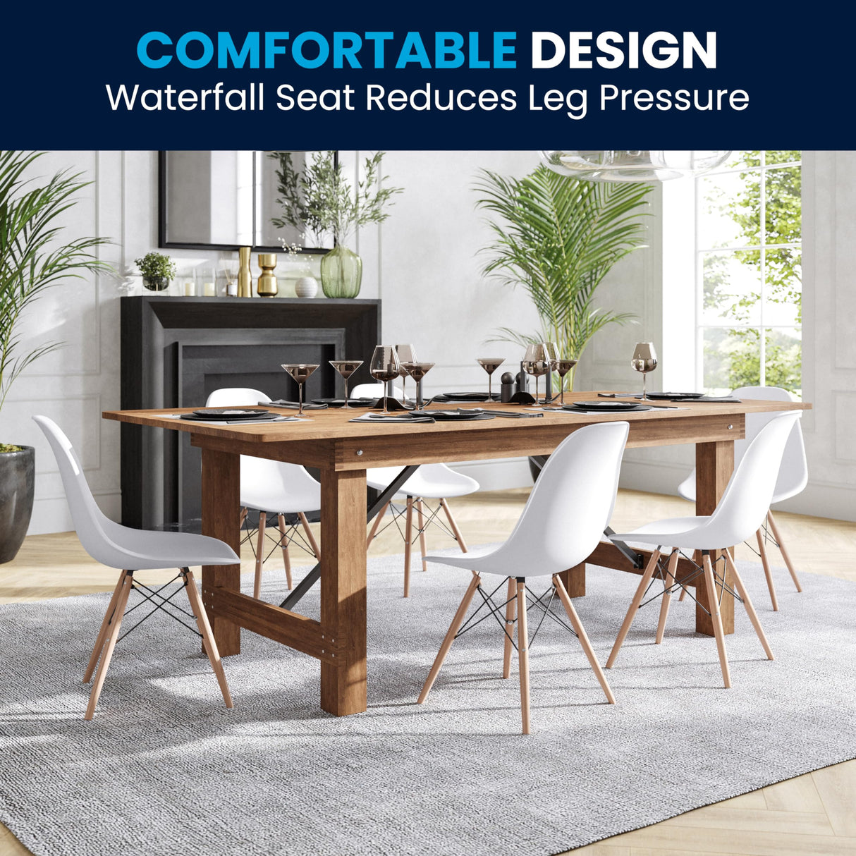 Flash Furniture Elon Series Plastic Modern Dining Chairs with Wooden Legs, Mid-Century Side Chairs for Dining Rooms and Offices, Set of 2, White Flash Furniture