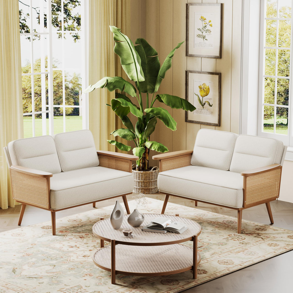 ALISH Loveseat Small Sofa Couch with Rattan Armrest Modern Settee Bench Dining Banquette Seat for Kitchen Dining Room Living Room ALISH